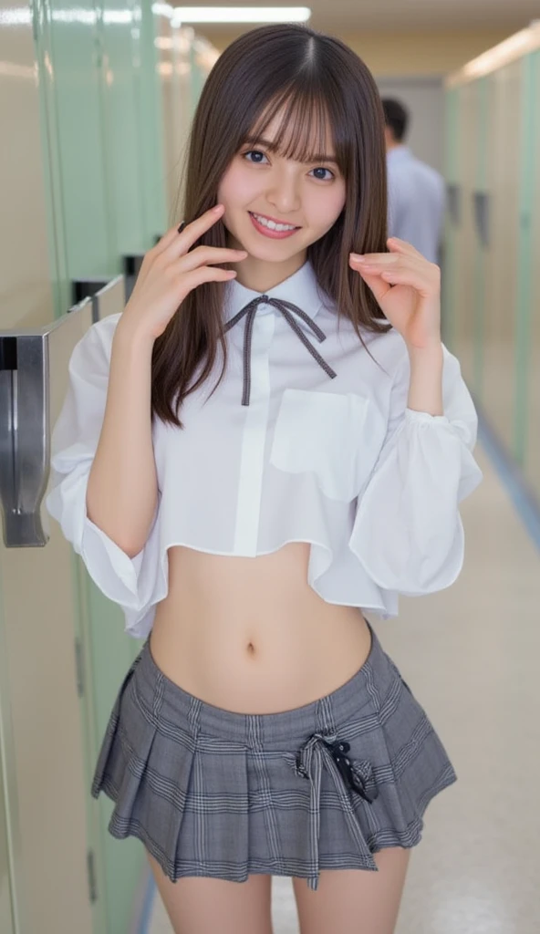 nsfw, Highest quality、Masterpiece、From below、Young Japanese Woman、、Short、Ultra-detailed idol faces、A mischievous smile、double eyelid、Super huge breasts、Wear a white collared blouse that is too short, exposing the underside of her breasts| Her beautiful nipples are visible through the hem of her clothes、Tartan check mini skirt、White panties、Thighs、short boots