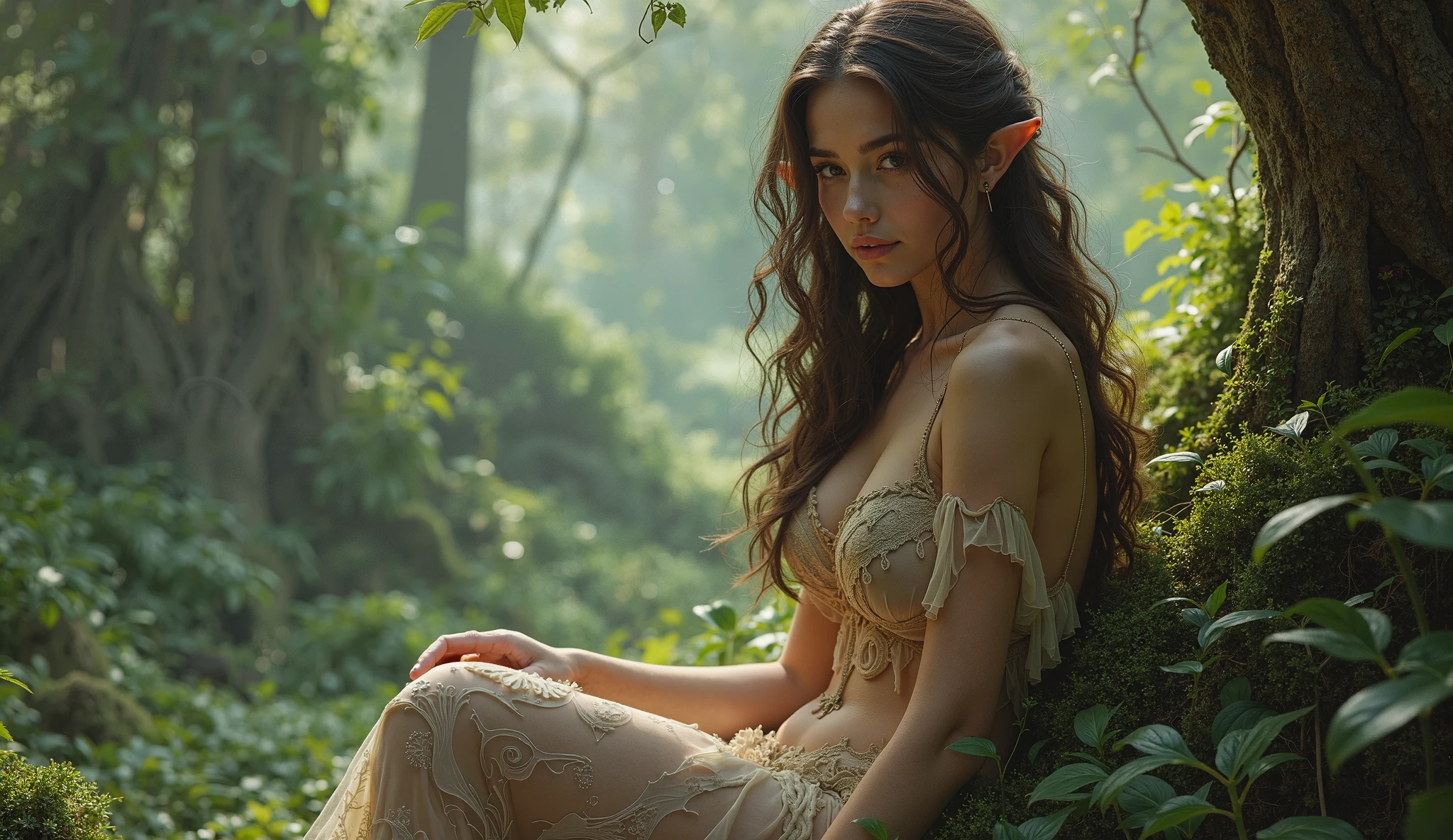 Masterpiece, beautiful mature female elf (Milla Jovovich:Lena Headey:0.5), high detail filigree elven dress, braided black hair, ((small)) firm perky breasts, slim athletic body, tall, seductive expression, fantasy forest, HD, (detailed skin texture:1.1), best quality, ultra high res, (photorealistic: 1.4), Raw photo, by Ellen von Unwerth, Nikon D850 Film Stock Photography, F1.6 Lens, Rich Colors, Realistic, Cinestill 800, backlight, rimlighting, sunlight