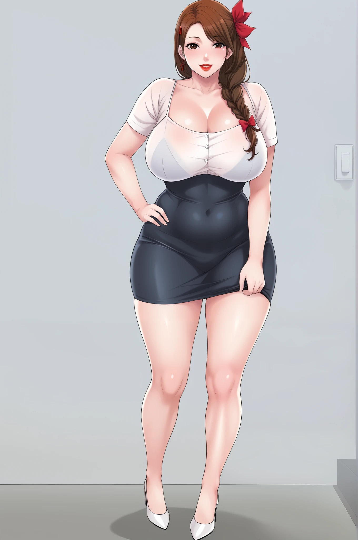 Jumi Noona from New Town. An extremely beautiful woman with blond hair, extremely fair white skin, big brown eyes, red plump glossy lips, and a perfect slim yet curvy sexy tempting body. She's only wearing a micro short black dress with spaghetti straps, hair ribbon, and white heels. She's smiling, mouth closed, and standing straight. Show her full body.
