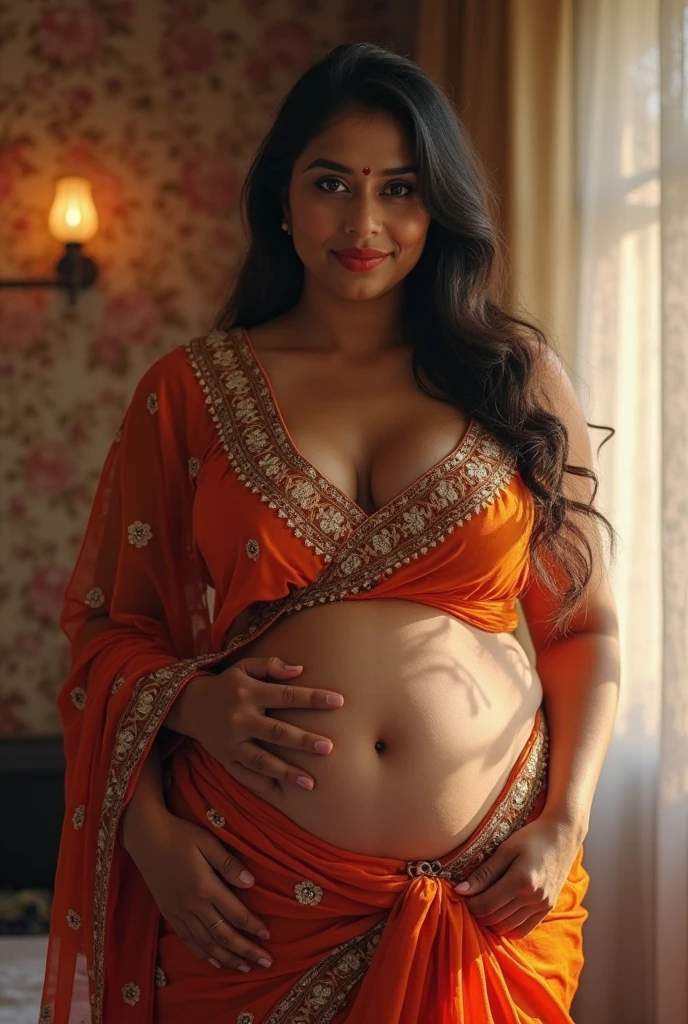 a pregnant woman in a blue sari sitting on a chair, pregnant belly, maternal photography 4 k, indian goddess, pregnant, indian, indian super model, belly, her belly is fat and round, pregnancy, very seductive pose, close body shot, sunny leone, indian empress, satin, innocent look, sie boob, provocative indian, close up half body shot extremely realistic, dramatic real lighting 