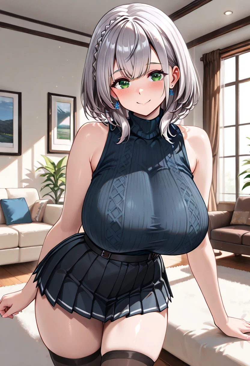 1个Giant Breast Girl! Ray tracing, Best shadow, A high resolution (dim murky lights) detailed background (living room). Fluffy silver hair, plump and slender girl, With a high ponytail. Avoid golden eyes in a bedroom. (Girl wears white blouse, Black wrinkled skirt, Wears yours with black fishnet stockings) This image showcases a delicate and slender figure with beautiful curves, Limbs in correct and reasonable positions. The girl stands dignified, with detailed facial features and a blush on her cheeks. Pay close attention to the position of her legs and the intricacies of her hand details