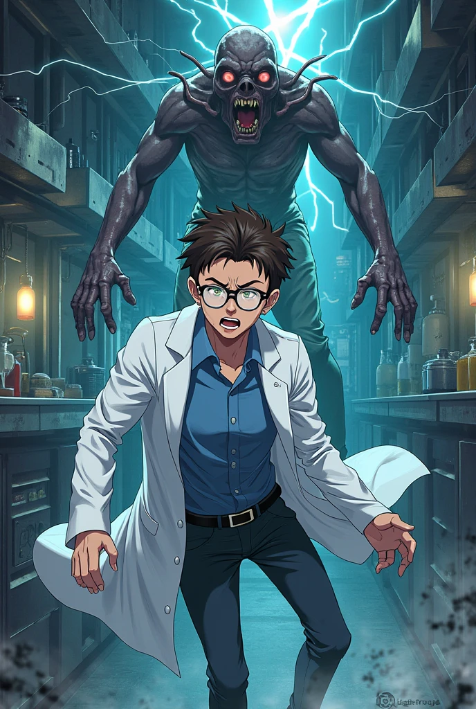 A handsome doctor,Wearing a white coat,Delicate facial features,The expression is flat,The surroundings are full of small monsters and ghosts,With a dimly lit clinic as the background。