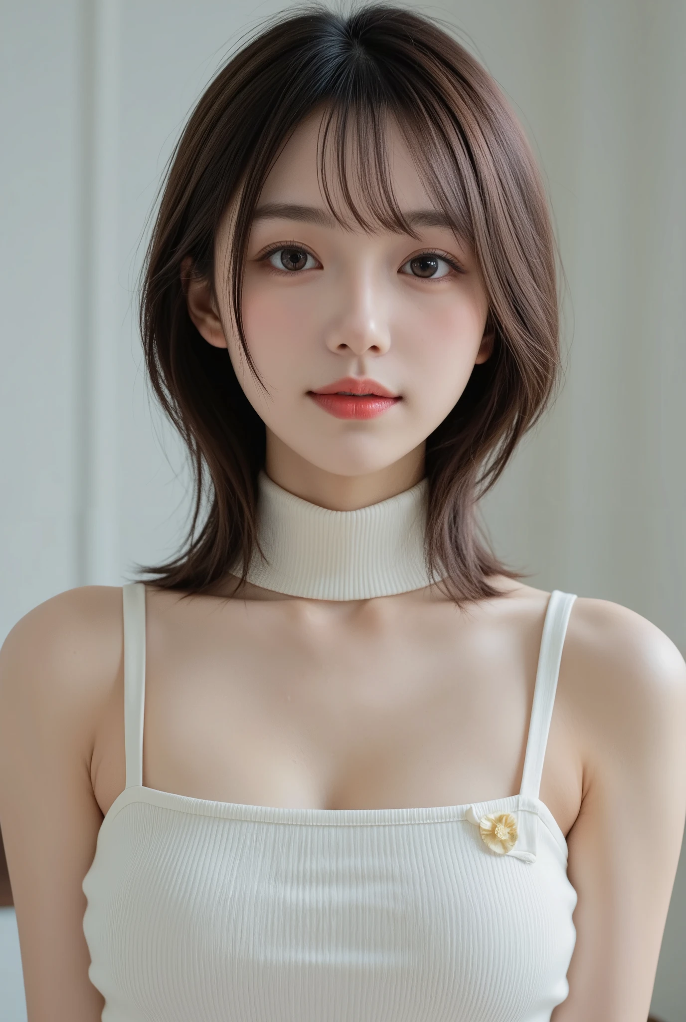 Beautiful Japanese Woman, Soft skin and a nice perfect face, A small face with a nose and rosy lips, Beautiful Eyes, Beautiful smile. black, Surrounded by a bright, ethereal glow、Thin, long, beautiful hair. A loose, short hairstyle with gradation highlights and layers of greyish beige, Navy skirt, Hyperrealistic female photos, High quality high resolution 8K masterpiece