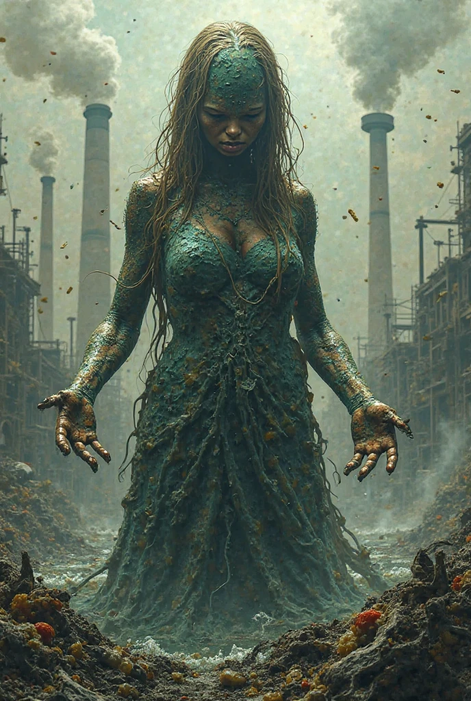 After the end of the world,Everything melted into goo, Mucous substance, A woman stands in the foreground. Being naked at work, Her bright yellow-green dress, Plastic green top, Slimy green plastic leggings, Gelatinous. The landscape behind her is a mixture of half-melted buildings and twisted remnants of civilization., They are all dripping with the same sticky mucus. The sky is covered with dark clouds,Epoly,A hint of green, Reflecting the mucus below. The woman's expression is full of determination and resilience, In stark contrast to surrealism