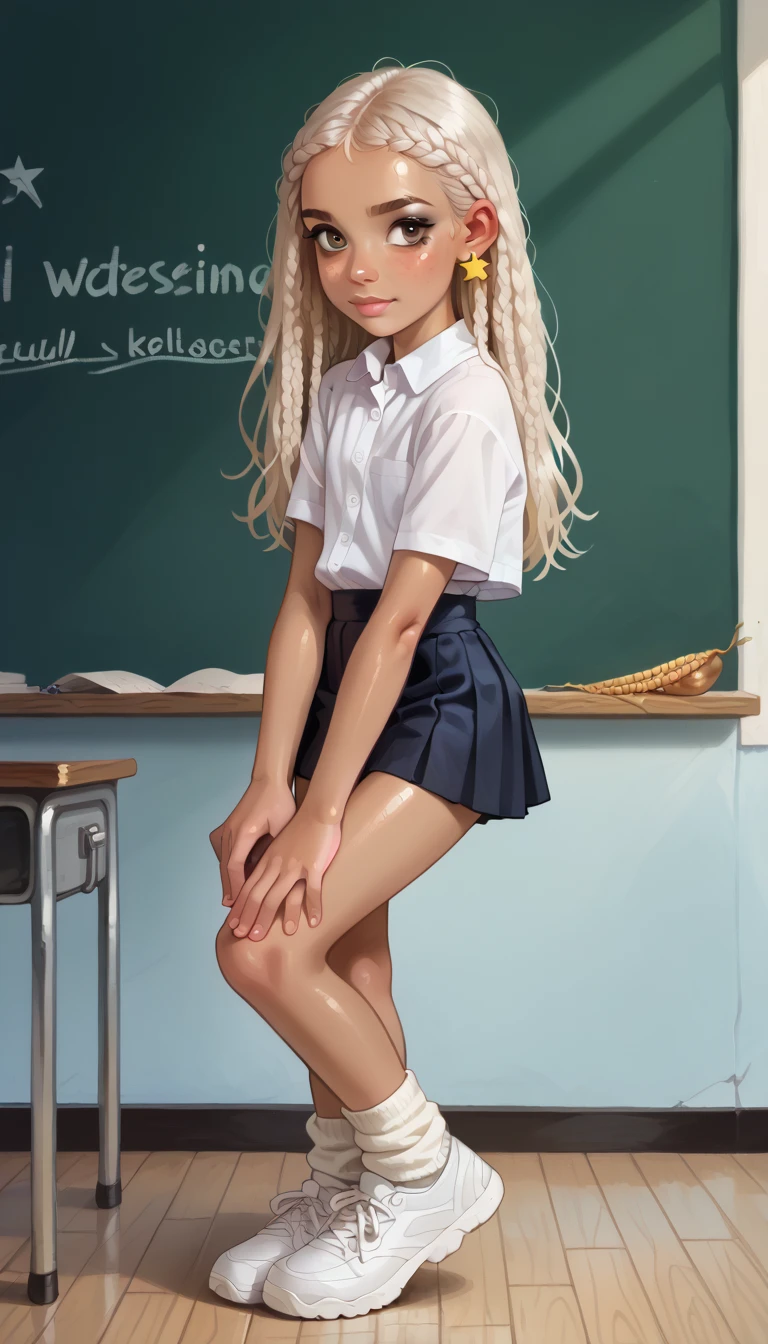 realistic face features, realistic body proportions, 1 boy, shaved, small penis, tiny penis, micropenis, skinny body, blonde hair, narrow face, nervous, blushing, blue tshirt, no pants, no underwear, dirty white short socks, in classroom, detailed classroom, full body view, ((cumming)), ((cum dripping from tiny penis)), on classroom desk, legs spread