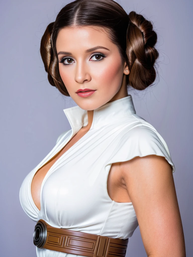 A cute woman as Princess Leia,sheer white airy dress, no underwear, iconic hairdo,acting overly dramatic,walking around modern house exterior (toddler toys in yard, small flower beds),beautiful detailed eyes,beautiful detailed lips,extremely detailed face and skin,long eyelashes,hyper realistic,8K,masterpiece,vivid colors,dramatic lighting,high quality,photorealistic,cinematic,fantasy,science fiction