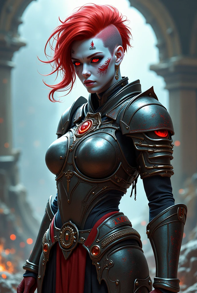 Femme aux cheveux roux, hair tied up, tatouage sur le visage, Black and red studded leather armor, Blood on armor, Best quality, Bloody landscape, dark and disturbing, dramatic lighting