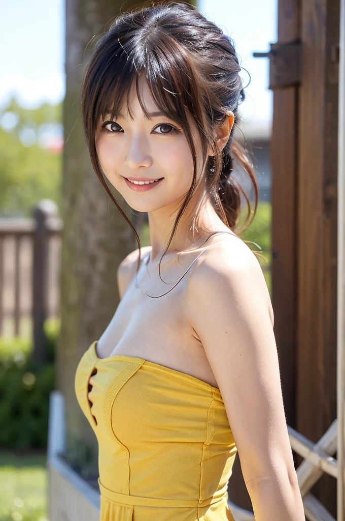 (8k, RAW Photos, highest quality, masterpiece, Realistic, Realistic), (1 female), (Ultimate beauty), Highly detailed face, (Perfect Teeth), Beautiful Eyes, double eyelid, eyelash, smile, Lip details, Brunette Bob, The light shines on your face, Big Breasts, ((T-Shirts)), (Tight mini skirt), (background: garden), ((Written boundary depth))