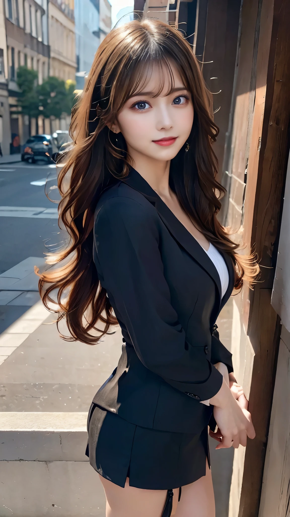 ((photorealistic)),((realistic)),((super high resolution)),((8K image)),( beautiful lighting arranged in an orderly manner),((Adult long hair:1.3)),((City Backgrounds:1.1)),((23 years old)),((Very beautiful and perfect body:1.2)),((A perfect and beautiful smile:1.3)),((detailed and beautiful skin)),((perfect and beautiful fingers:1.1)),((perfect anatomy:1.3)),((Beautiful E-cup breasts)),( beautiful waist),(big and toned hips),beautiful perfect face,A perfect and sharp gaze,( detailed and perfect big eyes),((office lady)),((Secretary style suit:1.3)),((miniskirt)),random pose