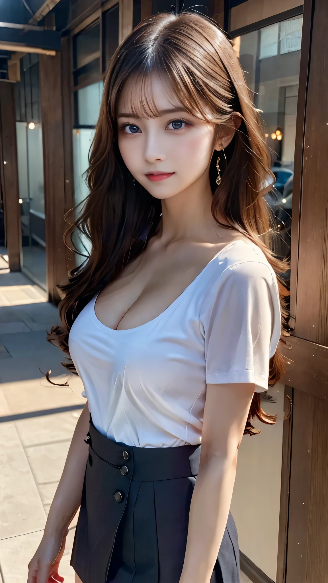 (8k, RAW photo, best quality, masterpiece: 1.2), (realistic, photorealistic: 1.37), (upper body:1.3), white skin, real human skin, (detailed face), oval face, pores, ultra high res, (8k, RAW photo, photorealistic:1.4), 1girl, slim, (large-breast:1.37, cleavage), (looking straight at viewer with a serene and goddess-like happiness:1.2, stylish model posing:1.3, arms behind back), (lifter gloss, eyelashes, gloss-face, best quality, ultra highres, Broad lighting, natural shading), lovely look, (random color V-neck T-shirt:1.3, black high-waist-box-skirt:1.3), cityscape, fashion street venue, arms behind back:1.3, burry background, bokeh, depth of field, (cowboy shot:1.3), centered image, perfect anatomy, perfect proportion,