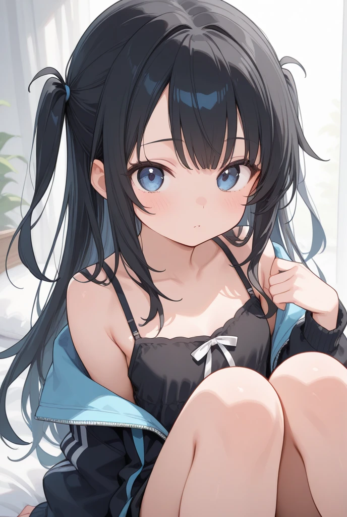 Place your hands behind your head.,front view,1girl,Beautiful girl at 13 years old,Japanese,Slender,small breasts,Baby Face,Small face,Black Hair,Row Twin Tails,Gray Eyes,Drooping eyes,middle School girls,A transparent black and blue negligee,Sexy Lingerie,open mouth,tongue out,front face,Kneeling,Put your chin forward,Beautiful and detailed anime art,A mischievous smile,front view,high angle, looking at viewer, looking ahead, from above,face focus,Sexy vibe,cum on tongue,Dimly lit room,Beautiful room,On the bed,VIP Room,White Room,Simple room,blurry background