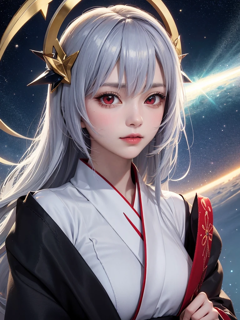 Kitsune girl,hime cut,silver eyes,gold darkblue japanese cloth, geisha dress theme sun&moon , traditional japanese , long white hair,silver fox ears, have kitsune tail, beautiful woman, silver eyes, elegant, young adult beautiful,night , starry night,sexy eyes,flirting,smile, erotic,nude, royal charm