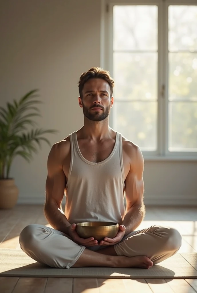 A blonde man with short hair and a trimmed beard, in a meditation position with his eyes closed and his hands in a prayer position. He is wearing light blue pants and no shirt, with a defined abdomen. The image should be a full-body shot in a meditation position, very realistic, in an all-white temple with a white floor, white stone walls, white ceiling, and white columns.