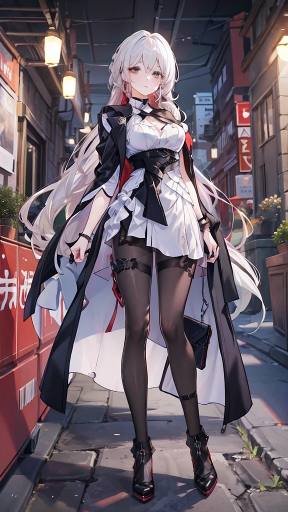 realistic, anime, 1girl,bangs, twintails, long hair, small breasts, off shoulder, white hair, rainbow hair, oversized T-shirt, white T-shirt, black bra, bare legs, thigh, cleavage, collarbone, (extremely detailed CG unity 8k wallpaper, masterpiece, best quality, ultra-detailed, best shadow), (masterpiece:1.2, best quality), very red eyes, sweat, soft body, cute, arm strap, thigh strap, multicolor eyes, outside, out door, raining, night, wet cloths, standing, standing in the rain, wet hair, wet skin, see through, (heavy rain), ruined  building, messy ground, bullet shells on ground, dust, wounds, walking, jacket, tactical suit, military equipment, (night), white legwear, wet thighs, ((lotion)), from behind, (wet), dress, skirt, , happy, happy expression, thighs, from below, horizon, \(weapon\)