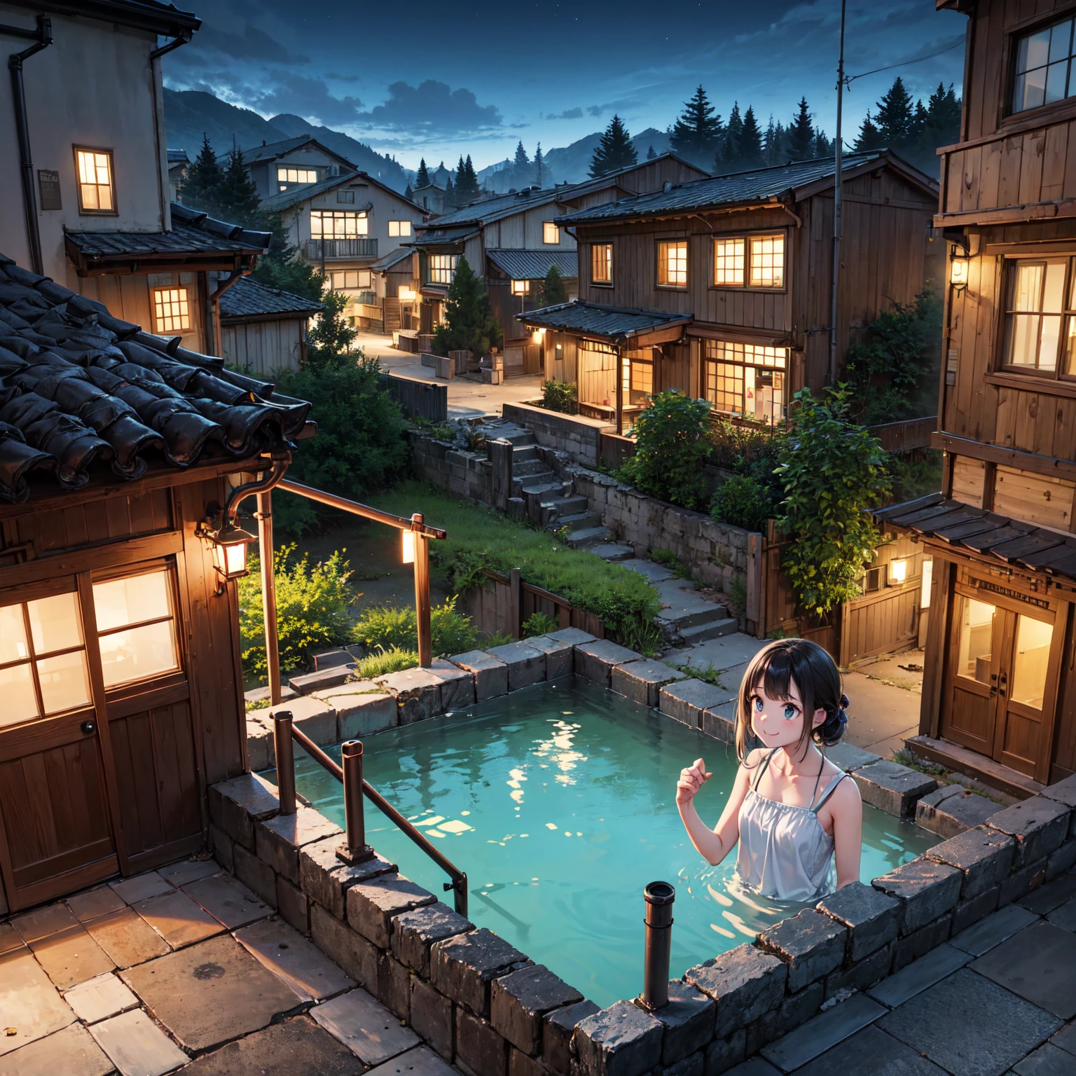 (masterpiece、Highest quality)、(Japan favelas、Old and dirty hot spring town、地下へ行く石のstage)、((Beautiful night view))、(3+ Naked Girls、tits、Pussy、smile、fun)、((Big bath、Underground hot spring facilities、石のstage))、((Unsanitary and dim))、Shady Red Light District、shaved ice、Sale of drinks、(stage、Everyone is having fun bathing)、smile、Happy schoolchildren、Perfect Anatomy