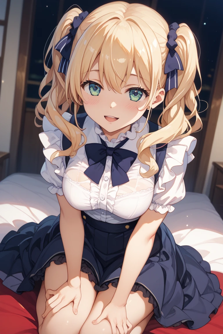 masterpiece,16k,8k,Delicate expression,highest quality,high resolution,High resolution,Sweat,1girl,look at viewer,blush,happy smile,sweat stains,steam,wet,fish eye lens,cowboy shot,summerlarge breast,from front,from above,(focus face:1.2),(pov:1.4),fisheye lens,upper body,open mouth,happy smile,show oral,show off armpits,sleeveless,blazer,bed room,blond hair,green eyes,cat eyes