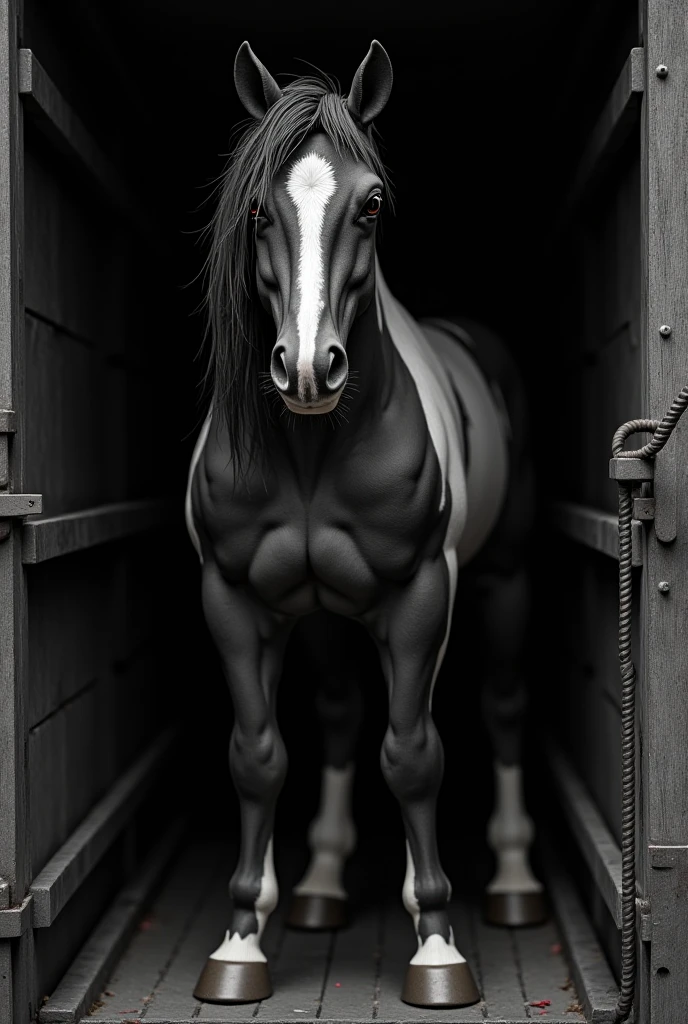 male anthro horse, muscle, heavy build, grey fur, darker snout and forearms, black mane, soft handsome muzzle, kind, jeans shorts, sweat wet, overloaded with cargo, struggling, exhaustion, correct anatomy, solo