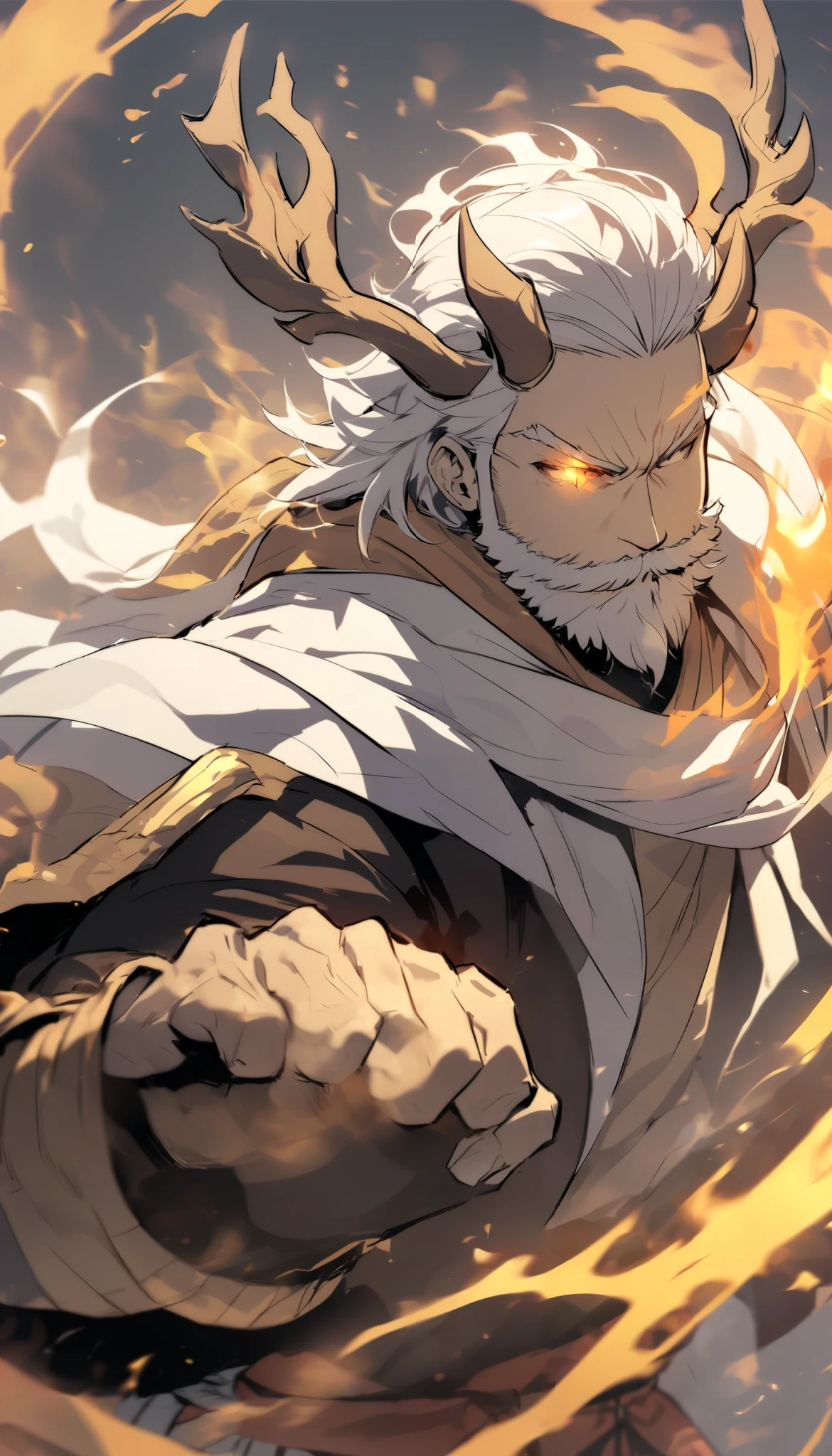 Handsome, alone, male, long hair, white hair, white beard, Thick beard, monk outfit, Bandages on eyes, white scarf, yellow black flame, upperbody, Reindeer horn, reindeer horn, upperbody, martial art stance