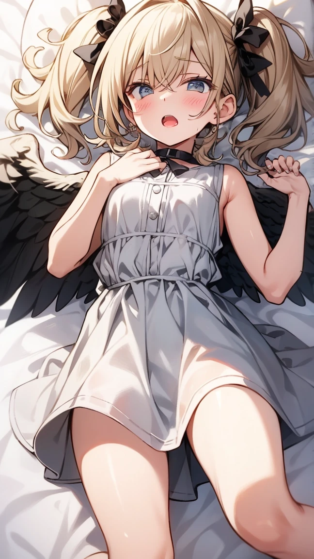 ((masterpiece)),((highest quality)),((anatomical)),((realistic)),((detailed description)),((cute)),((女の子のcute部屋)),(((fallen Angel))),((beautiful eyes)),((baby face)),((petite)),((smile)),((white teeth)),