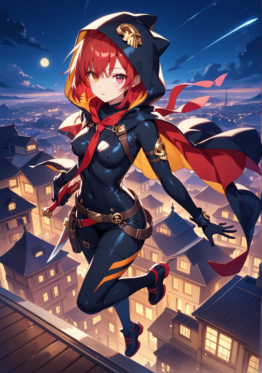 orange eyes light,richly faded light orange hair, anime 1girl, no skirt, brown military boots, pouch on the waist belt, khaki bikini, "black tights", "dark_orange knee pad on right leg",( night city:1.4), black long cloak, (good hand:1.5 ) good legs, (Good face: 1.5), 1girl, best hand, no worst hand. without clothes, in big city