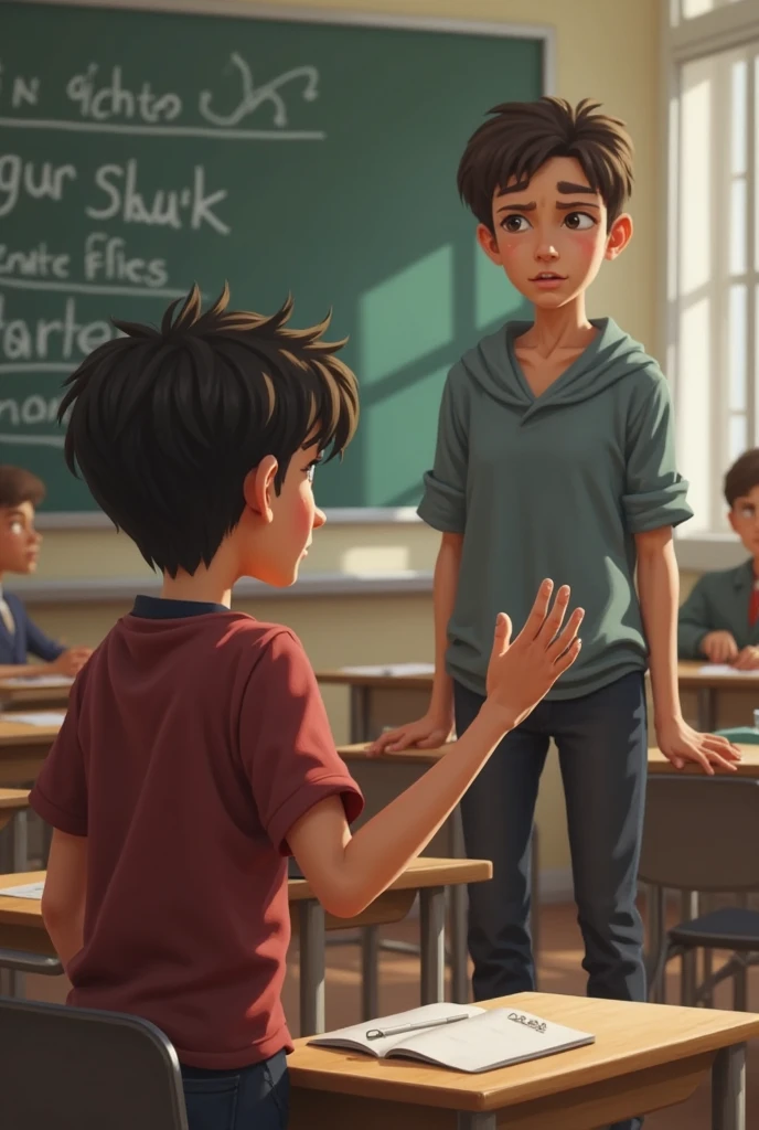 WHOE Classrome are watching back on one student who is standing next to his desk on the left side next to window and he looks scared