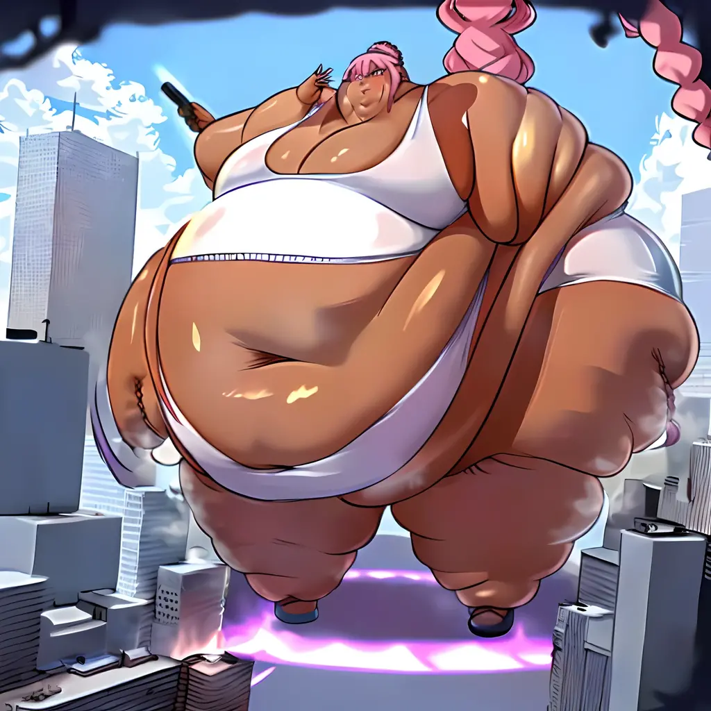 ((anime boy )), ((androgynous)),((dark skin:1.7)), ((long white hair  with pink streaks:1.3)),(( hair Styled  into a Bun and braided ponytail:1.5)),((Red eyes)) , (Tall),(White half jacket), ((hot pink  Crop top)) ,(Skimpy white shorts) ,  ((pink heart face mark on cheek)) ,((evil aura)), crazy smile , ((Pop Idol)) , ((yandere: 1.5)), ((Masterpiece)), High Aesthetic, ((high quality )),((1boy, Solo)),((hyper hips)),(( immobile,)),((pear_shaped_body)),((belly_bigger_than_body)), Double chin,gurgling_noise, hyper Thighs, Bottom Heavy, ((detailed face:1.55)),GTS, Looming, Giant, City