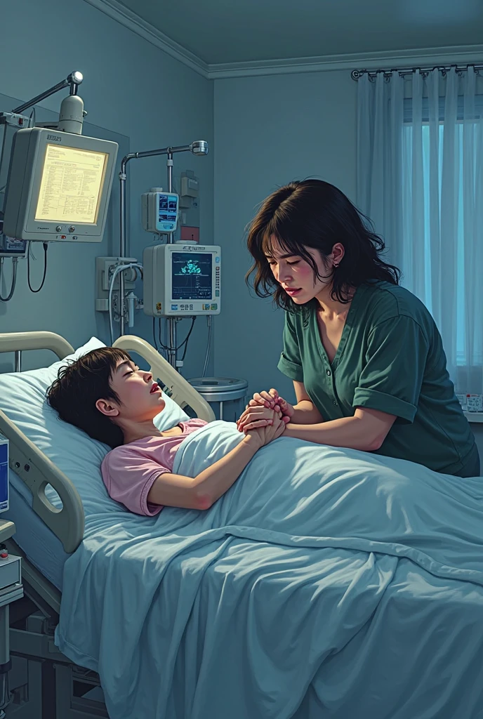 Make an image of chapter 14 of Freak the Mighty that shows Kevin hospitalized in the hospital and his friend Maxwell accompanying him