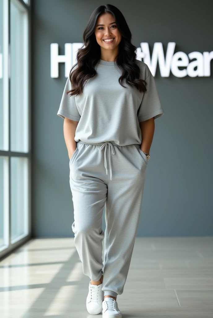 "A confident and beautiful woman (25-30 years old, long dark wavy hair cascading over shoulders, striking facial features, warm smile, curvy figure with size L or XL clothing fitting elegantly) wearing a matching light gray HDSportWear tracksuit (oversized short-sleeve t-shirt with a clean, minimalist design, no logos or text, and light gray joggers with a drawstring waist, designed for a curvy L/XL size). She is wearing stylish white sneakers that are prominently visible on her feet. She stands in full-body view in a modern indoor space with large glass windows, bright natural light, and a subtle blurred background. On the wall behind her, the 'HDSportWear' text is displayed in large white letters, reinforcing the brand identity. The scene is ultra-realistic, with vibrant colors, high detail, and a 16:9 aspect ratio."