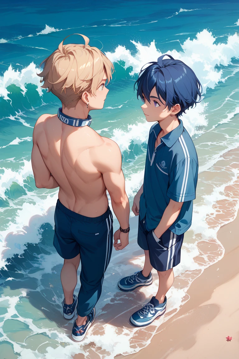 2 boys, (like a dream, a vibrant one), active posing, black hair boy and blond hair boy , friends, soft lighting, serious mood, clear eyes