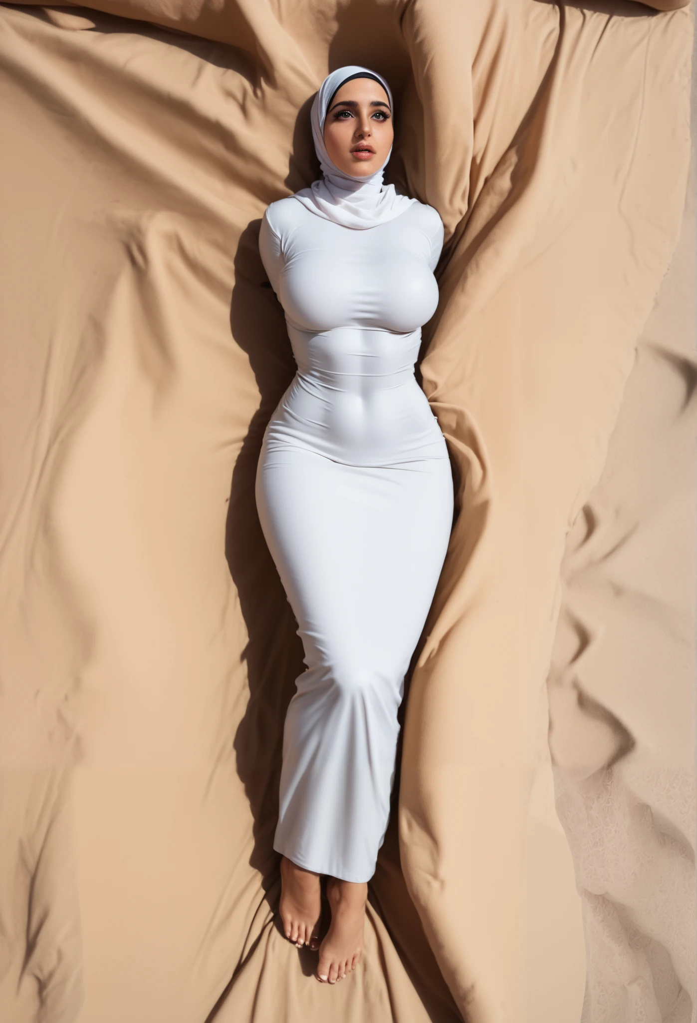 high detail, Top down view, A photograph of beautiful , wearing hijab, white color, sunlight, Visible body, blanket mummification, clear forehead, looking up into camera, She looks into the camera with black pupil eyes, very vivd color, mummified whole body with blanket, hands tied behind her back, she standing and archers her back, very seductive and horny, trying to struggle, full body, (Attractive fitness woman:1.3), (Tempting:1.1), hourglass body shape, big busty breasts,