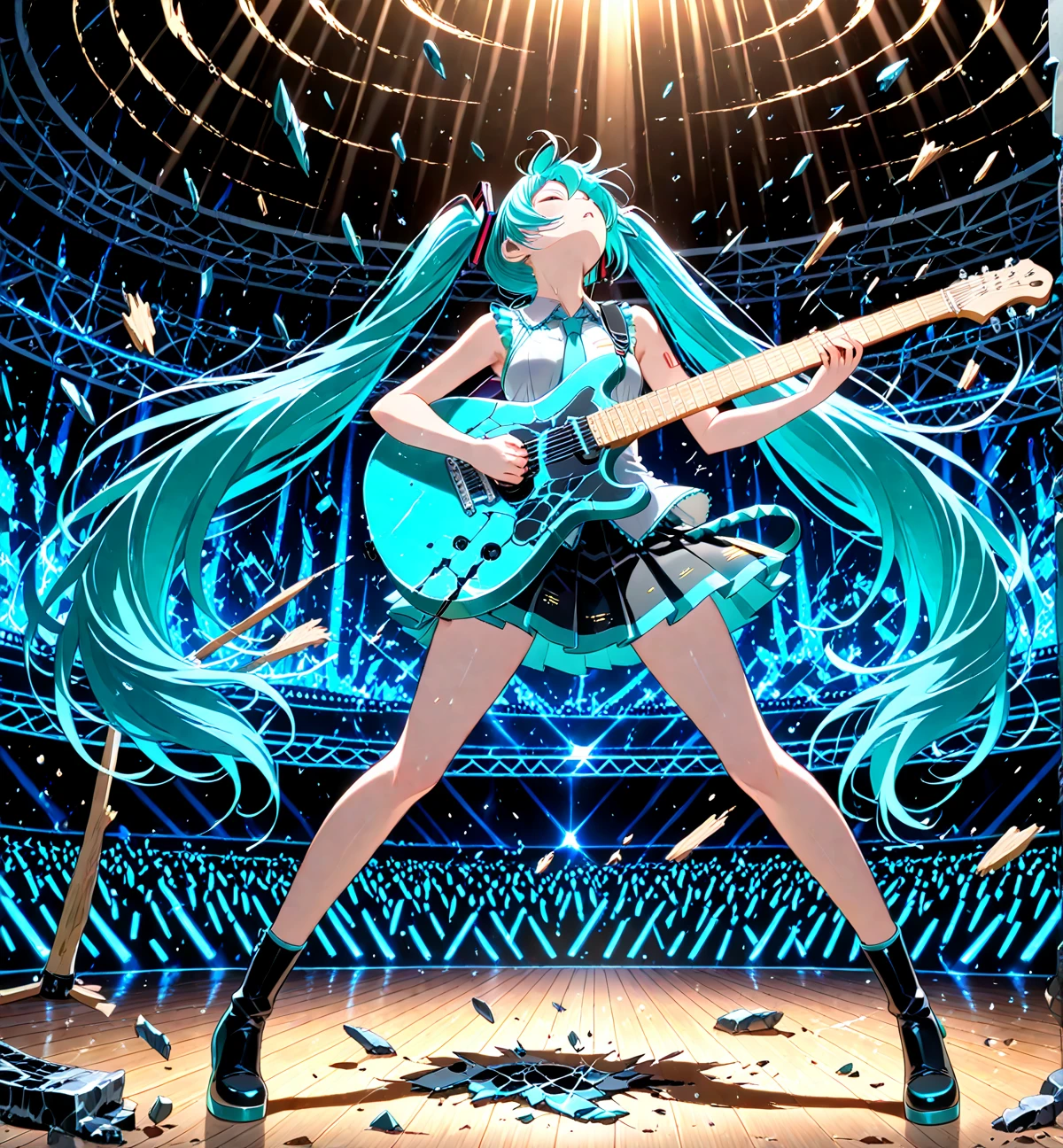 highres,best quality,An illustration of Hatsune Miku holding a cyber guitar and singing in space among a pod of whales.
The background is a diagram of the galaxy. one white whale
