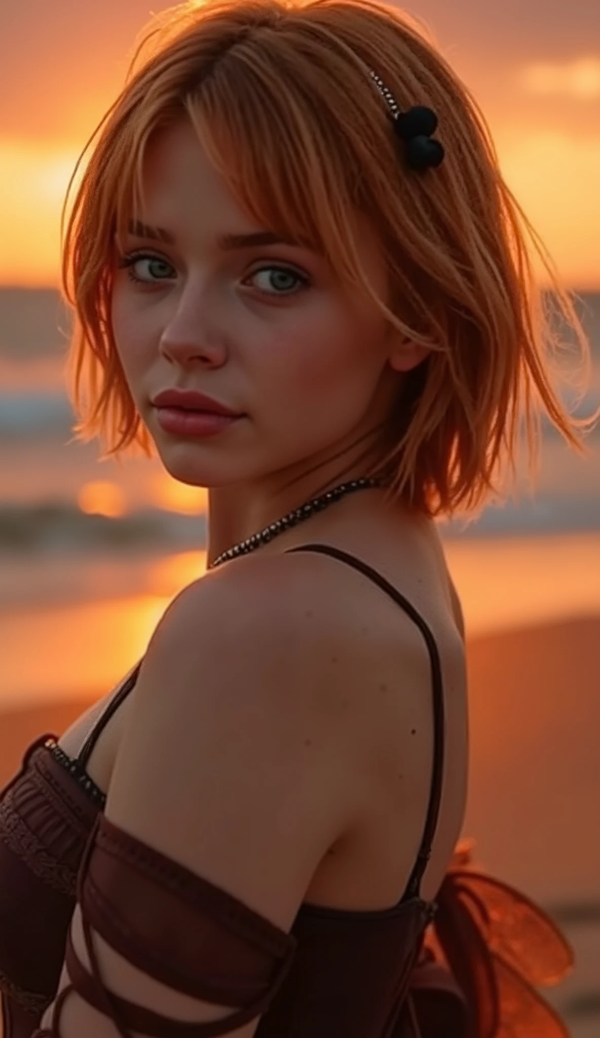 🌟 quality & silent: whole head down to below the chest, three sided view, masterpiece, 8k, ultra high resolution, hyperrealistic, very detailed, natural lighting, SLR lighting, SLR camera , Fujifilm XT3, film grain, Sharp concentration, perfect lighting. 🌌 Scene & background: different backgrounds: A romantic sunset on the beach, with warm, golden hues . A dark, mysterious forest with moonlight, that falls through the trees. A luxurious bedroom with candlelight and silky curtains. Ein urbaner background mit Neonlichtern und regennassen Straßen. 😈 model & Styling: wild young girl, fiery red short hair, black mini mouse bow in the hair, different hairstyles such as ahoge, quin tails, tri tails, pixie cut, expressive hair, single sidelock, hair pulled back, french braid, blunt bangs, streaked hair, flattop , which in various Poses fall loose or styled are, and bright blue eyes , glowing blue eyes, She is wearing a lightweight , leather corset with deep neckline. 🔥 Pose & Mood: Different sensual facial expressions: she looks directly at the camera , with a seductive smile and half-closed eyes. She opens her lips slightly, with a playful and tempting look. She tilts her head slightly to the side, with a dreamy and sensual expression. She looks over her shoulder, with a mysterious and intense look. Die Mood ist sinnlich, seductive and full of emotions. 💋
