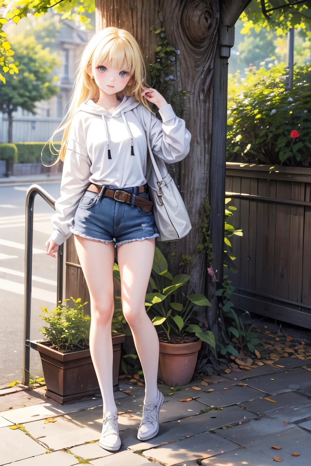 masterpiece,Highest quality,very detailed,photorealistic,realistic, Ultra High Resolution, masterpiece that fits your butt,pretty girl,elegant,Age 15,very long blonde,skinny,Completely,slender,(smaller breasts),so cute,hoodie,hotpants,belt,over knee socks,Giant Tree,Muimori, correct handshake,active pose,Outdoors