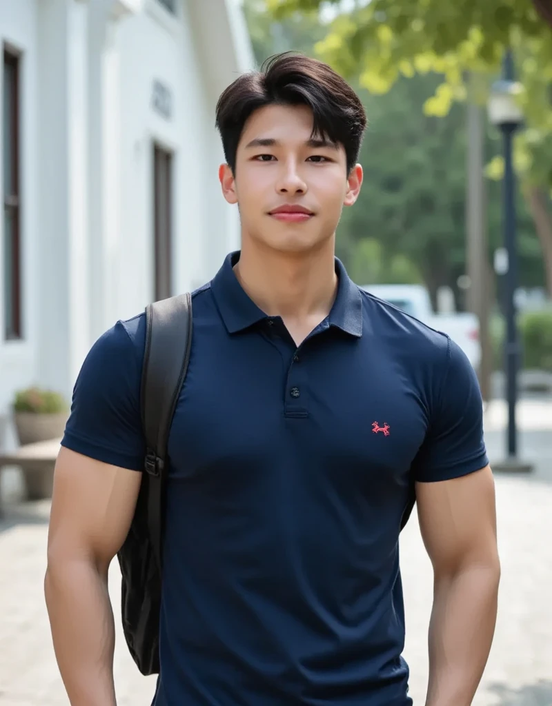 ((realistic daylight)) , Young Korean man in a navy blue polo shirt and jeans, A handsome, muscular young Asian man looks at the camera. In a simple t-shirt blue and red , roadside traffic ,((look sideways))
