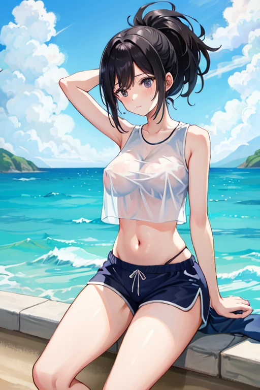 Random patterned swimsuit、Random Swimsuit、Swimsuits in random colors、Random pose、、Acme Face、Random pose、, Pale purple eyes、Semi-long hair、Black Hair、Sandy Beach、、、nsfw、Highest quality、1 girl、solo、Ocean、Sexy pose、Random pose、Blushing、wet、Embarrassed、I can see half of my 、、One Piece Swimwear、(Strap slip:1.3)、Swimsuits in random colors、Swimwear