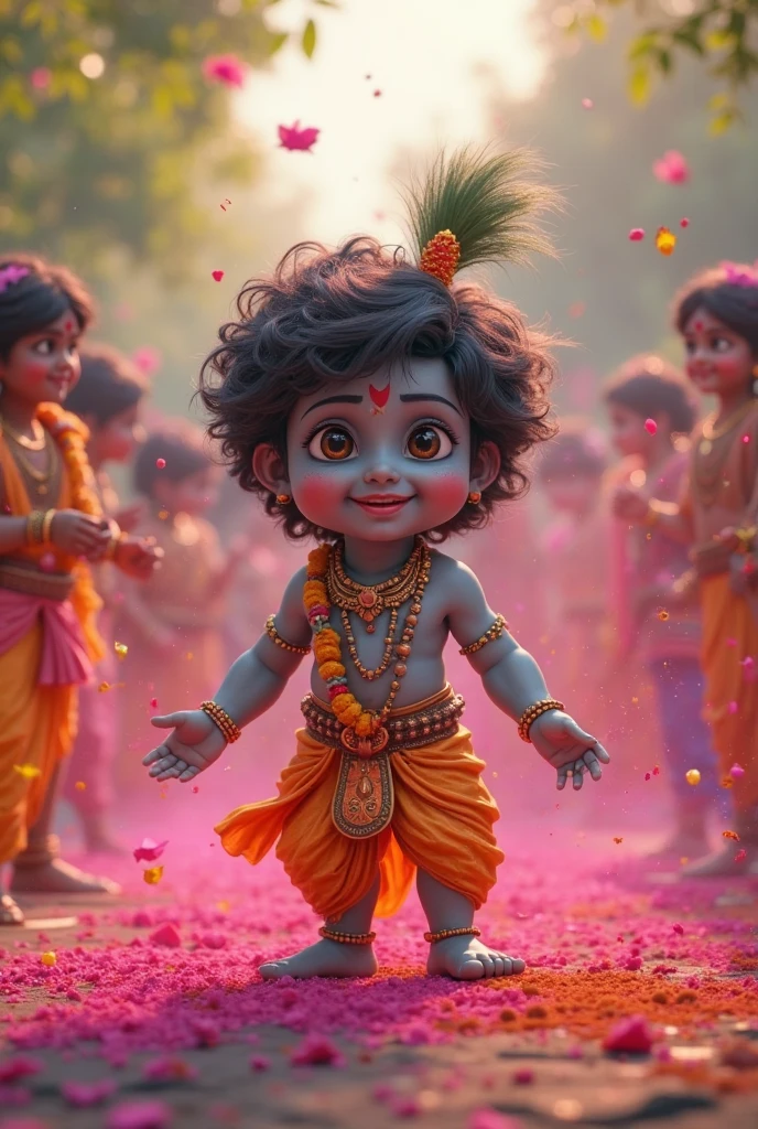A toddler Lord Krishna, with his dark complexion, front facing,stands amidst the vibrant Holi festivities. He is adorned with a fresh flower garland and a peacock feather elegantly perched on his head. Surrounded by the gopis, who are joyfully throwing colors at him, Krishna's serene and playful demeanor contrasts beautifully with the riot of colors. The scene exudes a sense of divine celebration, with Krishna's calm presence at the center of the festive exuberance.