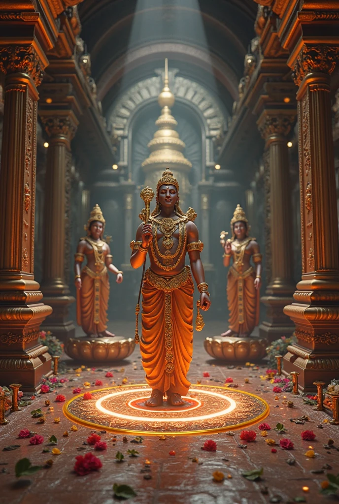 Cyberpunk indian temple filled with indian gods statues

