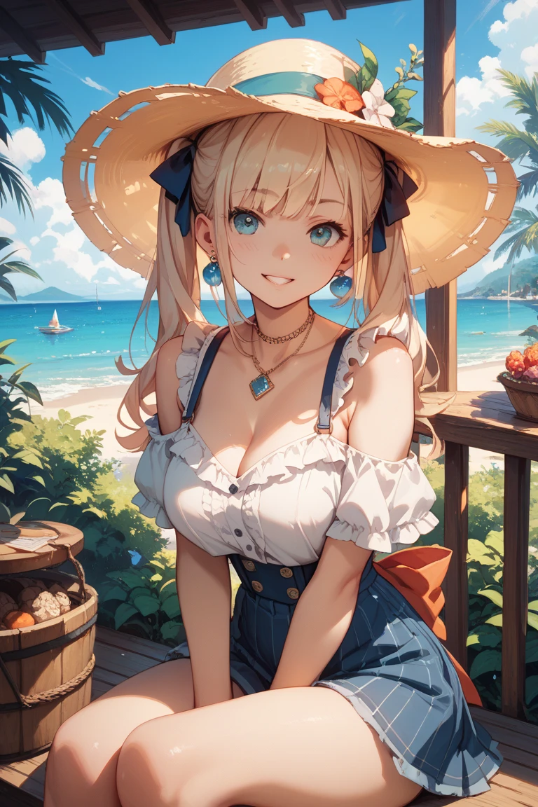 最high quality、Best image quality、masterpiece、With a girl((cute、15 years old、Best Bust、Medium Bust、Bust 85,Beautiful Blue Eyes、Spread your chest wide,Blonde lointail、Slender、The best valley、、Blue sleeveless shirt、White shorts,Show the whole body、Blue Mesh,Leaning forward greatly、Blue hat、Blue Intercom,Face Paint))high quality、Beautiful art、background((summertime、White table、White chair、shaved ice、)),Tabletop、Exquisite design、Visual Arts、Depth of written boundary、Best lighting、Highest detail、8k