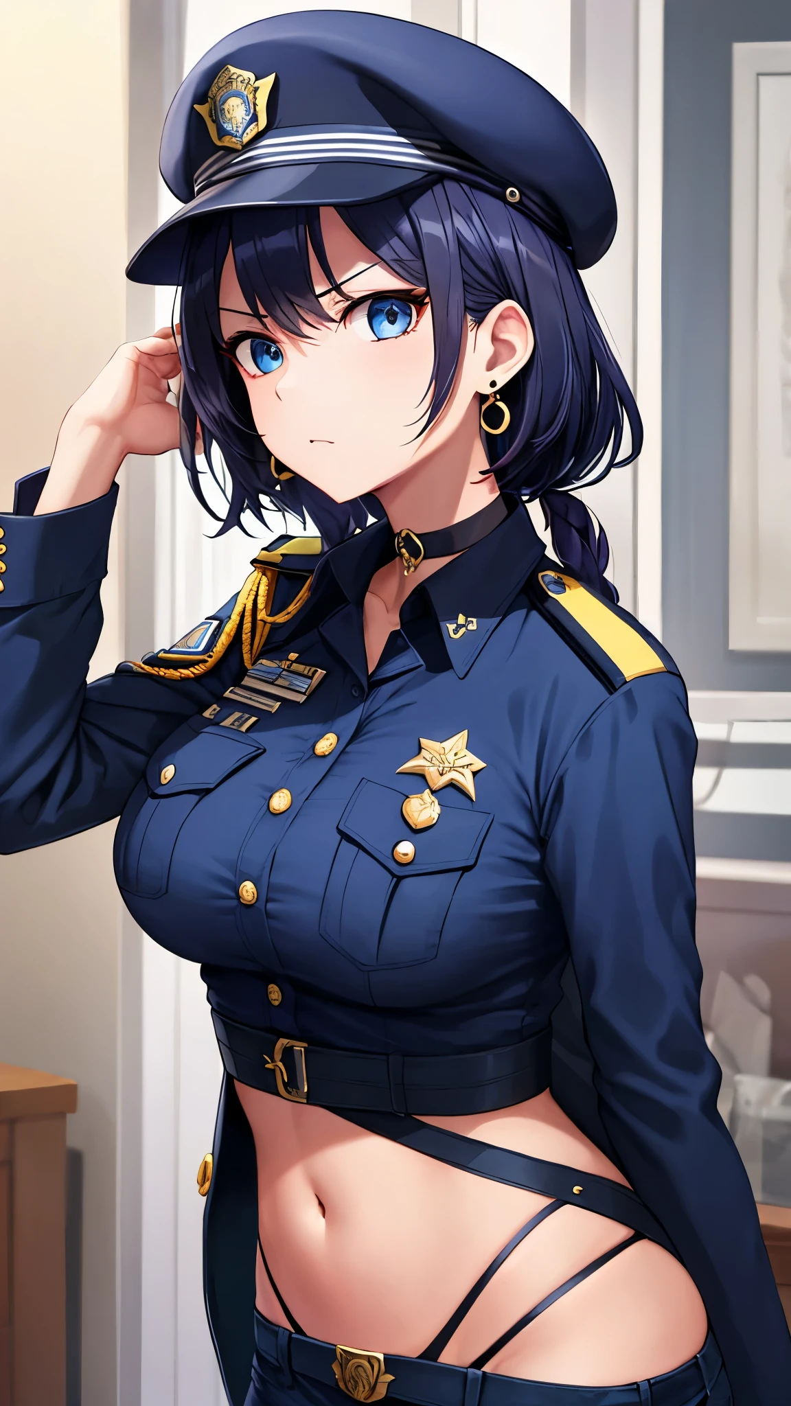 a girl wearing a police uniform <lora:KitsuneAi-NerissaRavencroft-LoCon32-V0_4-000008:0.8>