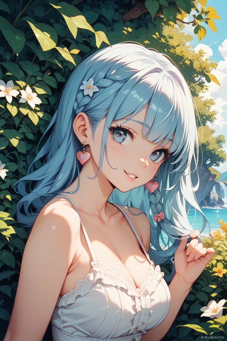 masterpiece, Highest quality, so beautiful, Floating Hair,  Decorate your hair with butterflies, Multi-coloured hair, Parted bangs,１People Girls, Long Hair,Light blue eyes, Loose and fluffy hair, Elegant and delicate eyes, Detailed facial features, Long eyelashes, Beautiful lip detail, graceful and detailed poses, Upper Body, Dynamic configuration,Vibrant colors, Soft and dreamy, Hibiscus Landscape,A cheerful smile,Ocean,summer,Daytime,Completely naked,sitting on the beach,Large Breasts