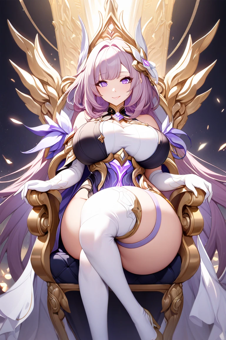 cure slave(magical girl, blue eye, purple hair, long straight hair, dark purple dress, gold vertical line in black coat, orgasm), black wings, halo, legs up, super mode