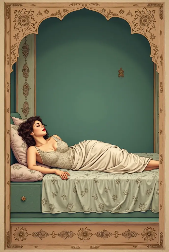 mughal miniature art style desaturated painting greens and blues. With female laying ln a bed