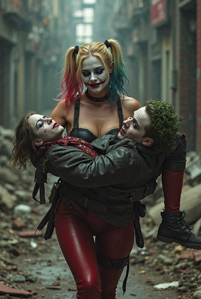 (Extreme complexity, two unique subjects) Margot Robbie as Harley Quinn (insane pretty face, tiny themed outfit Harley Quinn makeup on body, blood spatter) is wielding a bloody ball bat. Harley is standing over a confused Saitama who is lying on the ground on his back (iconic yellow suit, blood spatter, red cape, bald head). Downtown Tokyo