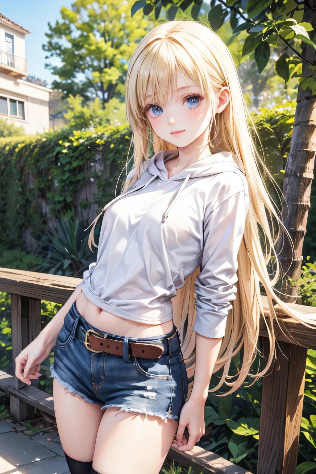 masterpiece,Highest quality,very detailed,photorealistic,realistic, Ultra High Resolution, masterpiece that fits your butt,pretty girl,elegant,,very long blonde,skinny,Completely,slender,(smaller breasts),so cute,hoodie,hotpants,belt,over knee socks,Giant Tree,Muimori, correct handshake,active pose,Outdoors