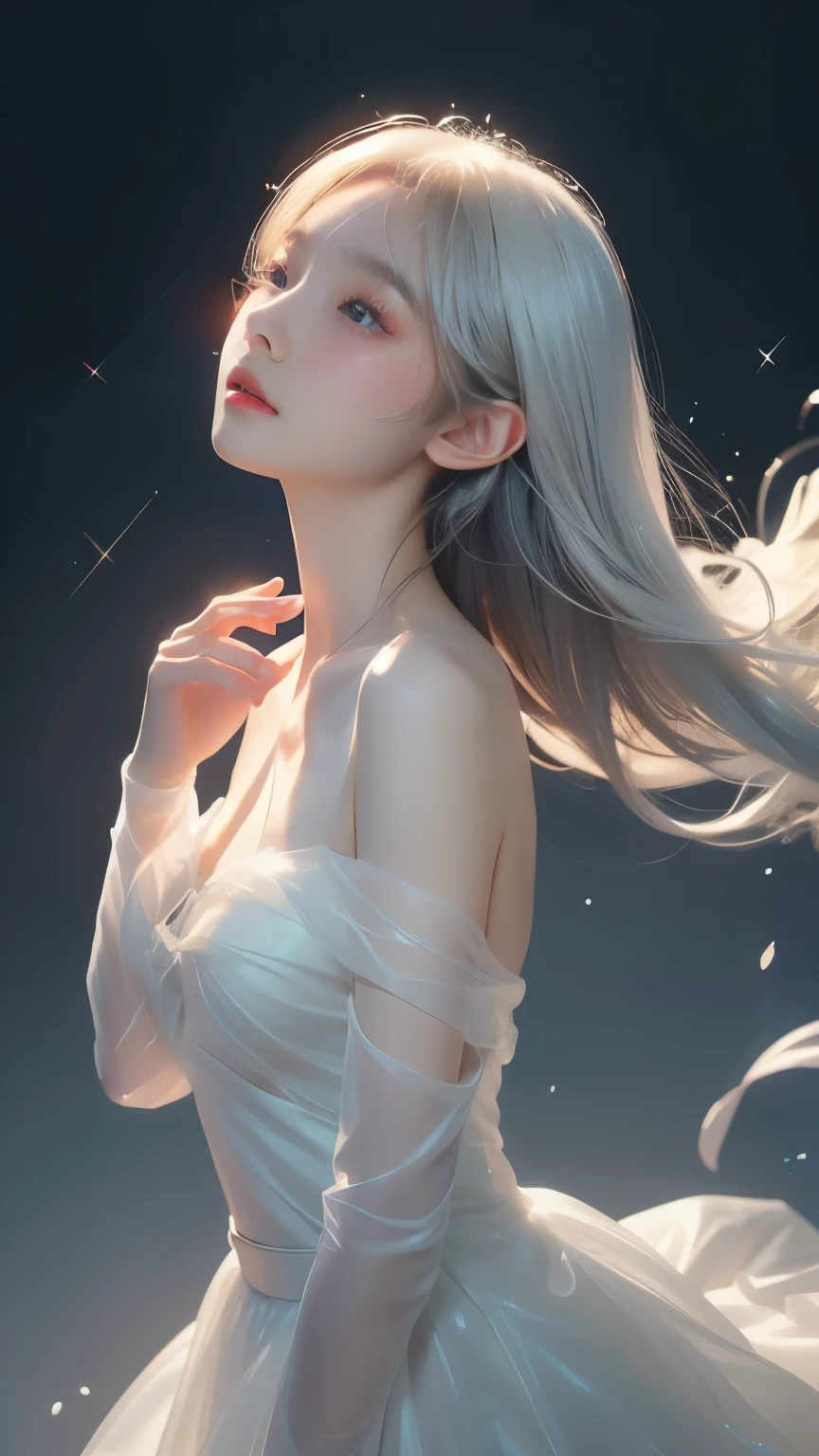 White background、Professional Lighting、(((Professional Lighting 1.5)))、Translucent skin texture、Transparent skin、Beautiful Skin、、Off the shoulder、White dress、Ecstasy of Musical Notes、