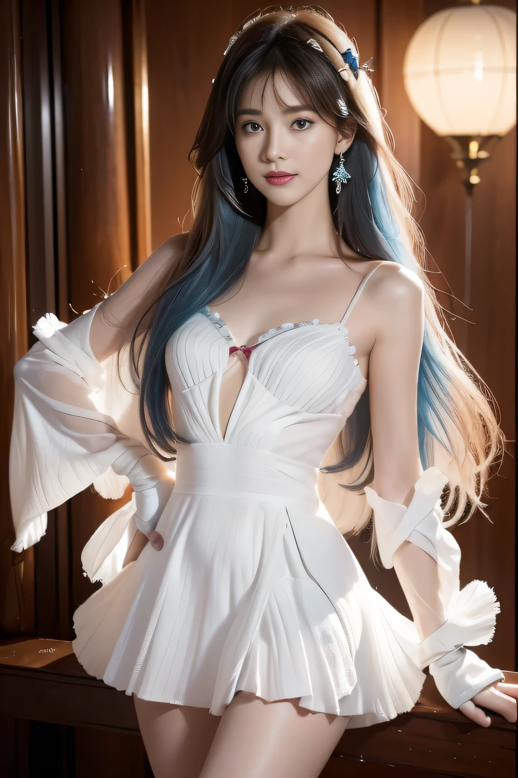 (Masterpiece, Top Quality, Best Quality, Official Art, Beauty and Aesthetics: 1.2), (1girl), Extreme Detail, Colorful, Highest Detail, Official Art, Unified 8k Wallpaper, Ultra Detailed, Beautiful and Aesthetic, Beautiful, Masterpiece, Best Quality, (Zentangle, Girl, Wearing a White Gown, Two Diamonds Above and Below the Bust Sparkling, Dazzling. The black and bright hair fluttered on the shoulders like a waterfall, the watery eyes stared straight ahead, the small nose, cherry-like lips.