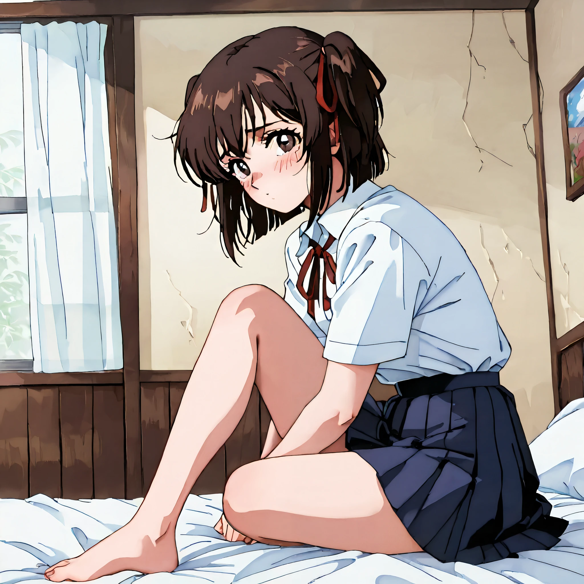 kayo,dark brown eyes,dark brown hair,two side hair,shoulder-length short hair,hair tied thin red ribbons,school uniform,white collared shirt,thin short red necktieribbon,navy blue short pleated skirt,tareme,labiomental sulcus,masterpiece,best quality,amazing quality,ultra detailed, very aesthetic,highres, beautiful detailed hair, beautiful detailed eyes, beautiful detailed face,beautiful,super detailed skin, perfect anatomy,score_9, score_8_up, score_7_up, source_anime,retro art style,[[[realistic]]],shy,blush,watery eyes,sitting on a bed,indoors,barefoot,from side