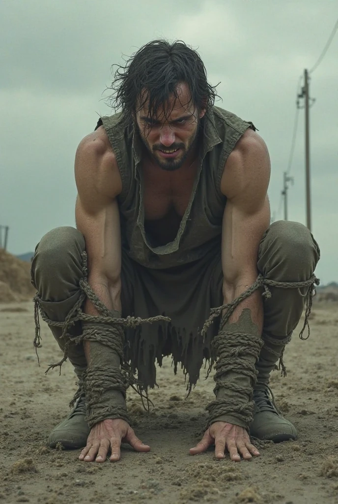 A man on his knees hitting the floor with arrows that he has in his hand