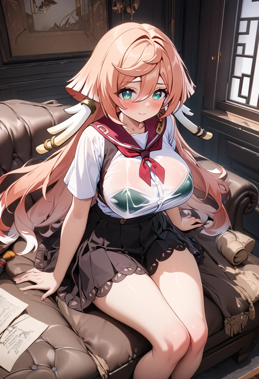 One Woman、Cute Woman、Thick thighs、Best image quality、High resolution、masterpiece、super high quality、Squat with your legs apart、Super big ass、Striped bra、Striped panties、Panties are visible through a very short pleated skirt、Big Ass、Large Breasts 、Blushing、4K quality、Blushing、Proud face、Wearing black knee socks、bed、Squat with your legs apart、Panty shot、Sweaty all over、Heavy breathing、Chest is bobbing up and down、heart、Condescending look、Low Angle、Zoom in on the crotch、(from below:1.4)、Sitting with Knees Up on sofa at living, spread legs、(back pose:1.3) or (back view:1.2)