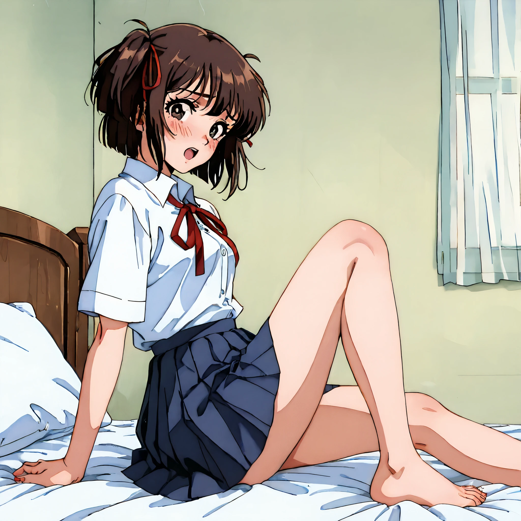 kayo,dark brown eyes,dark brown hair,two side hair,shoulder-length short hair,hair tied thin red ribbons,school uniform,white collared shirt,thin short red necktieribbon,navy blue short pleated skirt,tareme,labiomental sulcus,masterpiece,best quality,amazing quality,ultra detailed, very aesthetic,highres, beautiful detailed hair, beautiful detailed eyes, beautiful detailed face,beautiful,super detailed skin, perfect anatomy,score_9, score_8_up, score_7_up, source_anime,retro art style,[[[realistic]]],shy,blush,watery eyes,embarrassed,orgasm,ecstasy,sitting on a bed,indoors,barefoot,from side,open mouth